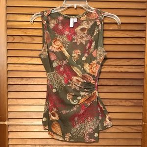 Sweet Pea shell, seahorse, coral print shirt